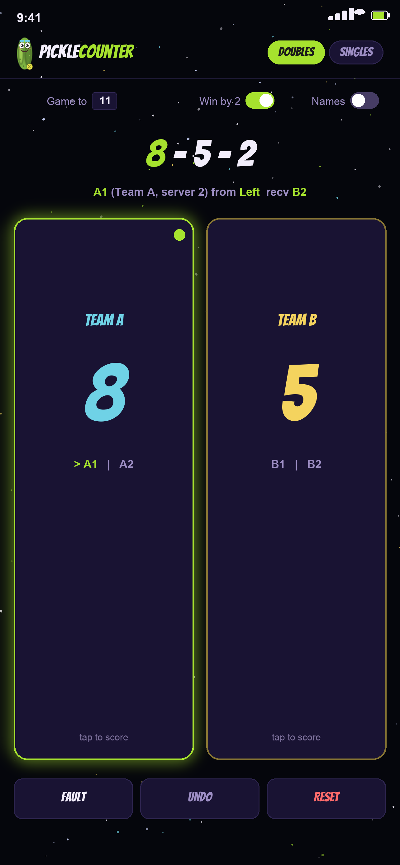 Doubles scoring screen
