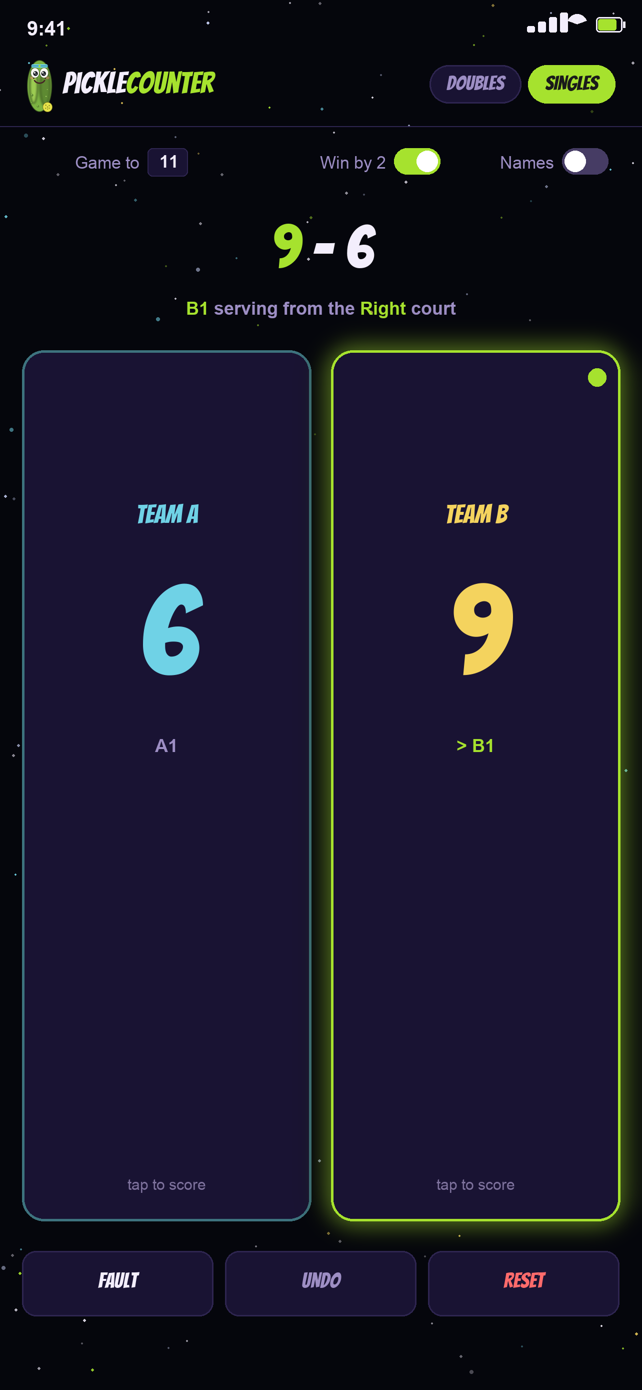 Singles scoring screen